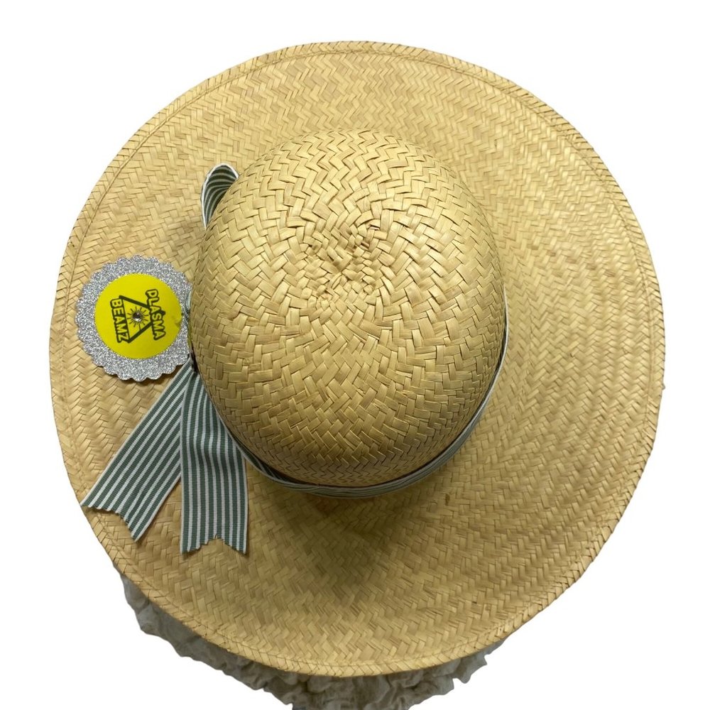 Handmade Straw Panama Hat with Green Stripe Grosgrain Ribbon Detail - Picture 2 of 11